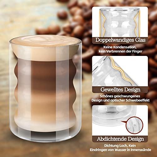 Juego de 2 Tazas de Café Cristal - Vasos Doble Pared Cristal 200ml - Vasos Cafe Cristal Transparente Borosilicato con Cuchara para Café Latte Macchiato Cappuccino Té y Más