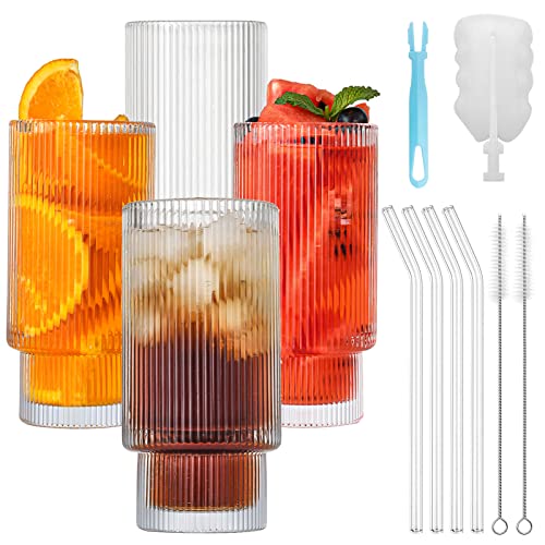 4 Piezas Vasos de Cóctel con Pajita de Vidrio 350ml/11.8oz Vasos Largos para Cócteles, Whisky, Cerveza, Café Helado, Refrescos, Zumos (Acanalado)