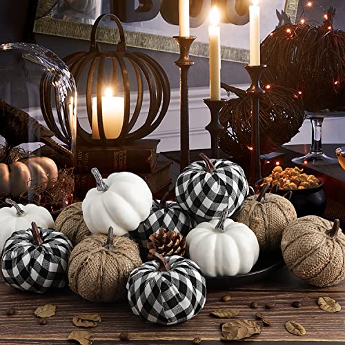 Benjia Decoraciones de otoño de Calabaza afuera, Grandes Mini Calabazas de Tela Escocesa En Blanco Y Negro Decoraciones de otoño de Calabaza Ornamental Decoraciones de otoño Halloween 12 Piezas