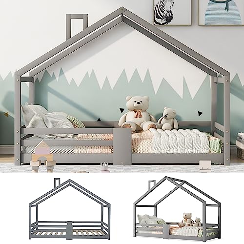 Cama infantil con chimenea, protección contra caídas, somier de láminas de madera de pino, cama para niños, 90 x 200 cm, sin colchón, color gris