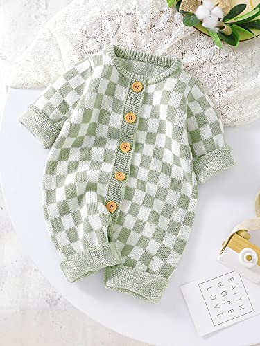 FeMereina Newborn Baby Sweater Romper Knitted Long Sleeve Checkerboard Plaid Print Jumpsuit Infant Cotton Knit Outfits Winter Clothes (Light Green, 18-24 Months)