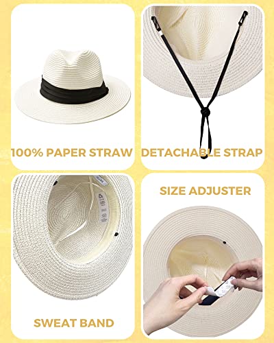 accsa Women Straw Hat Adjustable Panama Hat Wide Brim Fedora Sunhat  Foldable Beach Sun Hat with UV Protection Ladies Trilby Sun Hat for Travel  Garden UPF 50+ (Cream White-M)