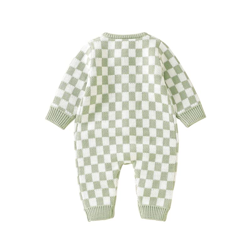 FeMereina Newborn Baby Sweater Romper Knitted Long Sleeve Checkerboard Plaid Print Jumpsuit Infant Cotton Knit Outfits Winter Clothes (Light Green, 18-24 Months)