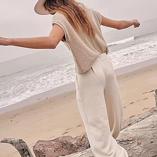 Trajes Casuales Dos Piezas para Mujer Top de Punto Manga Corta Pantalones Sueltos Pierna Ancha, Conjuntos de Salón Chándal Moda Elegante Jersey Punto Cuello Redondo Chándal de Playa ( Color : White ,