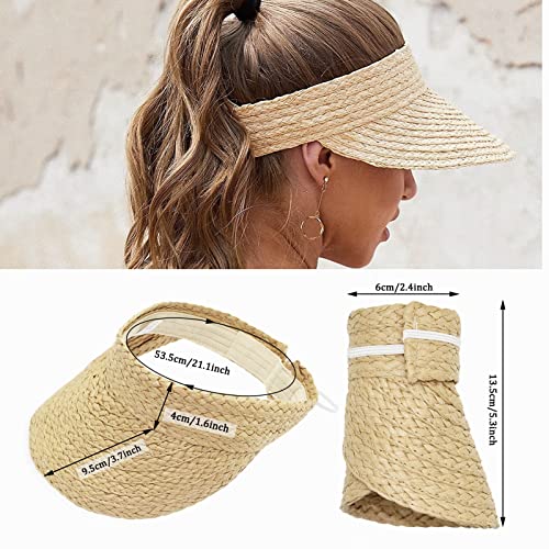 Hioph Womens Straw Visor Hat, Beach Visor Topless Sun Hat for Girl, Foldable Wide Brimmed Beach Straw, Travel Rollable Brim Summer UV Hat, UPF50+ Sun Protection Sunhats Adjustable Ponytail Beach Cap