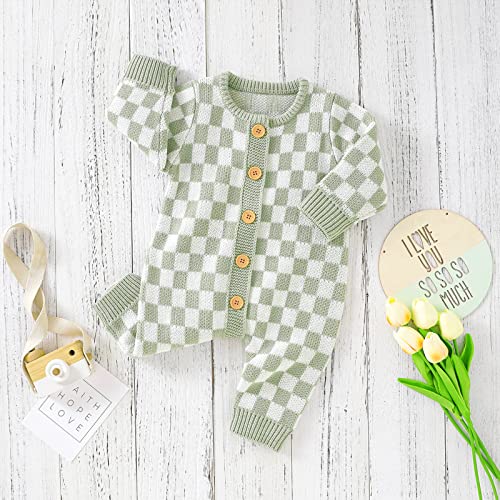 FeMereina Newborn Baby Sweater Romper Knitted Long Sleeve Checkerboard Plaid Print Jumpsuit Infant Cotton Knit Outfits Winter Clothes (Light Green, 18-24 Months)