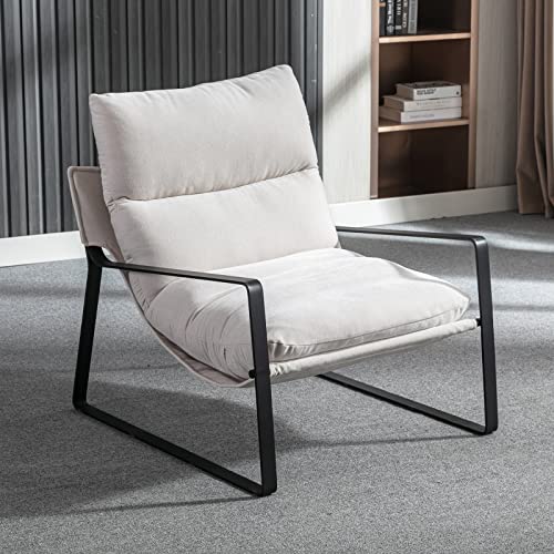 Sillón de tela con acento moderno Wahson para sala de estar, sillón de mesa con estructura de metal negro, sillón de lectura para dormitorio, color beige