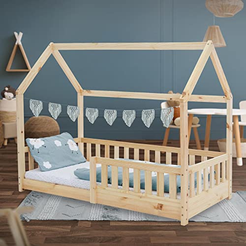 ML-Design Cama Infantil Color Natural 80x160cm En Madera De Pino Maciza Reja Protectora Anticaída Techo y Somier Listones Diseño Creativo Forma De Casa Mueble de Dormitorio para Niños Estable