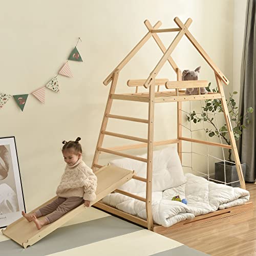 Montessori House Bed: Loft Bed with Swing, Youth Bed, Pull-Up Ring, Ladder, and Climbing Net, with Retractable Slats, Pine Frame, Natural (120X200cm)