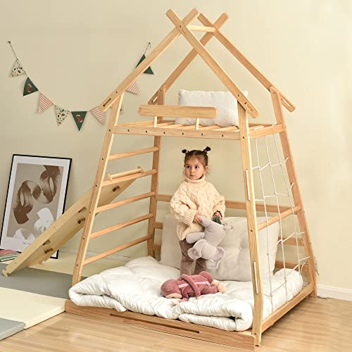 Montessori House Bed: Loft Bed with Swing, Youth Bed, Pull-Up Ring, Ladder, and Climbing Net, with Retractable Slats, Pine Frame, Natural (120X200cm)