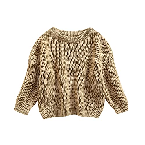 KILUS Newborn Infant Boys Girls Knitted Oversized Sweater 3 6 9 Months Long Sleeve Solid Color Crewneck Pullover Top Sweatshirt Fall Clothes (A Light Khaki,2-3T)