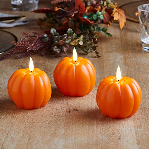 Lights4fun Conjunto de 3 Velas Calabazas TruGlow® en Cera Naranja a Pilas y LED Blanco Cálido para Uso en Interiores