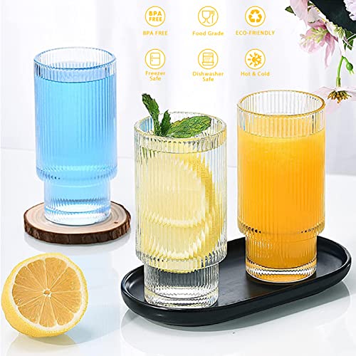 4 Piezas Vasos de Cóctel con Pajita de Vidrio 350ml/11.8oz Vasos Largos para Cócteles, Whisky, Cerveza, Café Helado, Refrescos, Zumos (Acanalado)