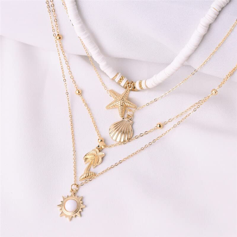 TOMYEUS Boho Necklace For Women White Soft Pottery Starfish Shell Pendant Multilayers Necklace Gold Chain Necklace Collars-Cobalt Violet