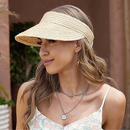 Hioph Womens Straw Visor Hat, Beach Visor Topless Sun Hat for Girl, Foldable Wide Brimmed Beach Straw, Travel Rollable Brim Summer UV Hat, UPF50+ Sun Protection Sunhats Adjustable Ponytail Beach Cap