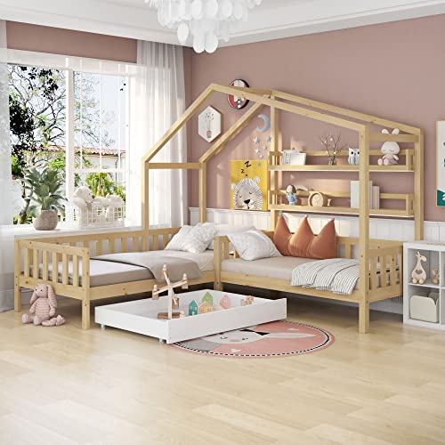 GFM Cama infantil con cajones y estantes, madera maciza con valla y somier, estructura en L, natural (90 x 200 cm+140 x 70 cm)