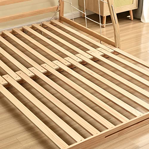 Montessori House Bed: Loft Bed with Swing, Youth Bed, Pull-Up Ring, Ladder, and Climbing Net, with Retractable Slats, Pine Frame, Natural (120X200cm)