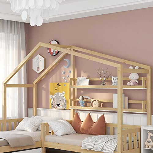 GFM Cama infantil con cajones y estantes, madera maciza con valla y somier, estructura en L, natural (90 x 200 cm+140 x 70 cm)