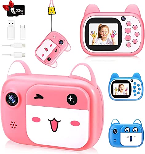 Cámara Digital con Doble Lente HD 1080P y Tarjeta SD 32G, 800mAh, Selfie para niños, cumpleaños y Festivales (Rosa no imprimible)