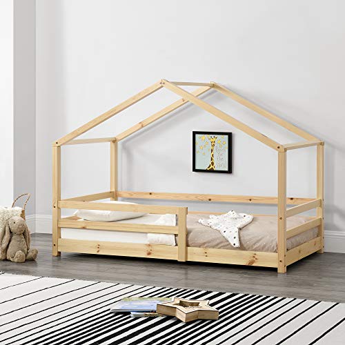 Cama para niños 90 x 200 cm Cama Infantil con Somier Estructura de Madera Pino En diseño de Casa con Reja de Seguridad Protección Natural