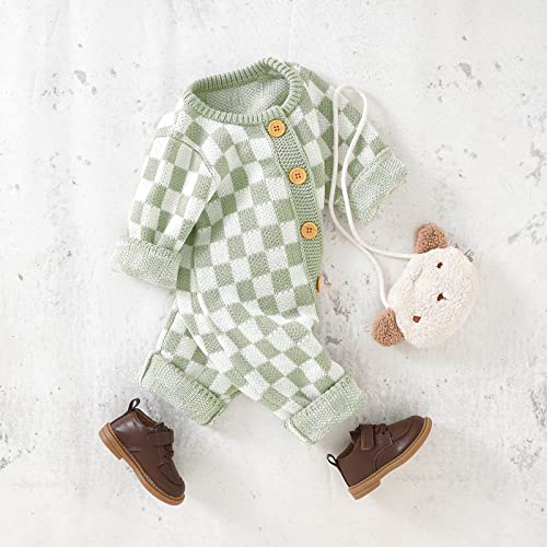 FeMereina Newborn Baby Sweater Romper Knitted Long Sleeve Checkerboard Plaid Print Jumpsuit Infant Cotton Knit Outfits Winter Clothes (Light Green, 18-24 Months)