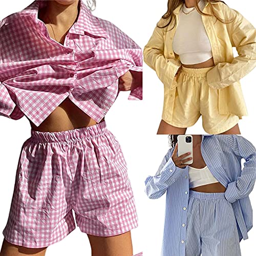 Women's Outfit Sets Stripe: Long Sleeve Shirt and Elastic Shorts Loose Fit