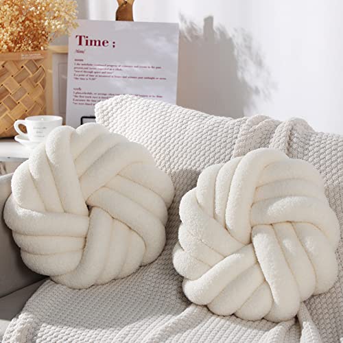 Marsui 2 Cojines de Nudos de Sherpa 14 Pulgadas Almohadas Redondas de Bola Cojines Anudados de Peluche Cojines de Buclé Decorativos Suaves Hechos a Mano para Sofá Cama Habitación (Beis)