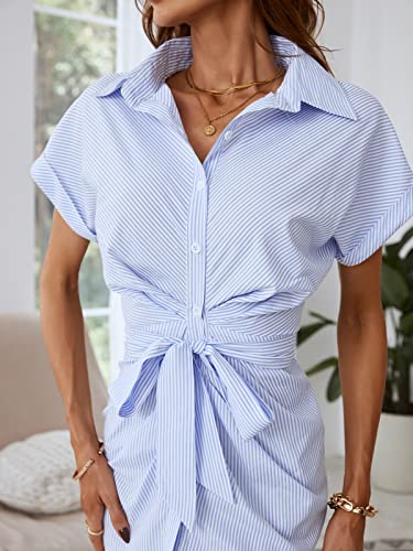 CUPSHE Women's Shirt Midi Casual Dress Stripe Button Down Short Sleeves Belt Casual Dress Blue S