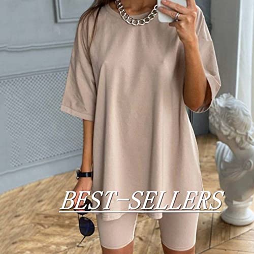 FFNR 2 Piece Summer Oversized Casual Suit for Women, Lounge Outfit Wear Sets Outfits Summer Sexy Cute for Women, Cotton Linen Loose 3/4 Sleeve Oversized Top and Cropped Pants Set (Medium,Khaki)