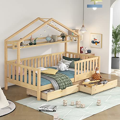 KecDuey Cama infantil en color madera, 90 x 200 cm, cama infantil con cajones, madera maciza con somier, madera de pino (color madera, 90 x 200 cm)