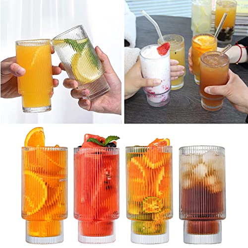 4 Piezas Vasos de Cóctel con Pajita de Vidrio 350ml/11.8oz Vasos Largos para Cócteles, Whisky, Cerveza, Café Helado, Refrescos, Zumos (Acanalado)