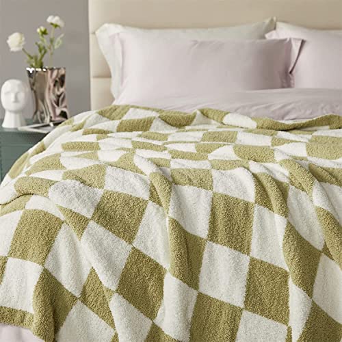 VANJOROY Checkerboard Checkered 100% Microfiber Feather Fleece Bed Tartan Throw Blanket For Sofa,Fuzzy Fluffy Cozy Thick Warm Soft Plaid Blanket for Bed,Sofa,Travel ((Sage Green, 130×160CM(51×63In))