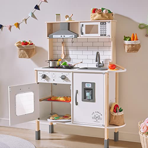 Tiny Land Cocina Juguete para niños con 18 Accesorios de Comida y Utensilios de Cocina de Juguete Juego de Juego de Chef de Madera para niños pequeños con Luces y Sonidos Reales