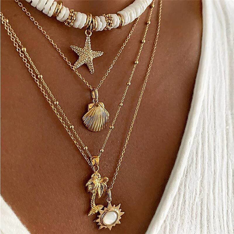 TOMYEUS Boho Necklace For Women White Soft Pottery Starfish Shell Pendant Multilayers Necklace Gold Chain Necklace Collars-Cobalt Violet