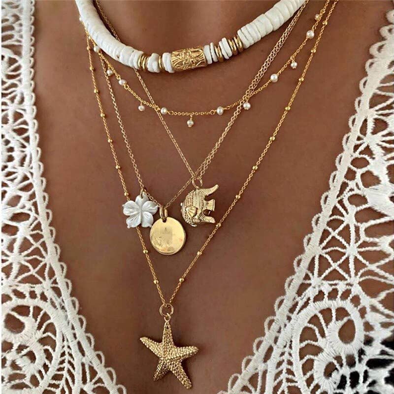 TOMYEUS Boho Necklace For Women White Soft Pottery Starfish Shell Pendant Multilayers Necklace Gold Chain Necklace Collars-Cobalt Violet