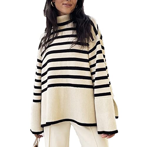 FeMereina Women's Long Sleeve Striped Sweater Turtleneck Casual Loose Side Split Ribbed Knit Pullover Jumper Tops (Black White, X-Large) - #EVIMomStuff#