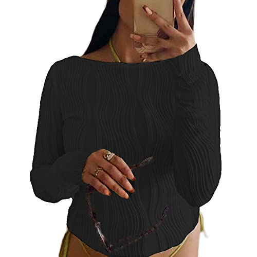 FeMereina Women's Y2K Long Sleeve Pleated Shirt Crew Neck Slim Fit Textured Crop Top Ribbed Pullover Blouse Tops Aesthetic Streetwear (White, Medium) - #EVIMomStuff#