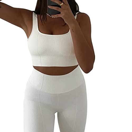 JN JANPRINT Workout Outfits for Women 2 Piece Set Ribbed Seamless Yoga Outfits Crop Top Leggings Exercise Sports Bra Tracksuits Set - #EVIMomStuff#