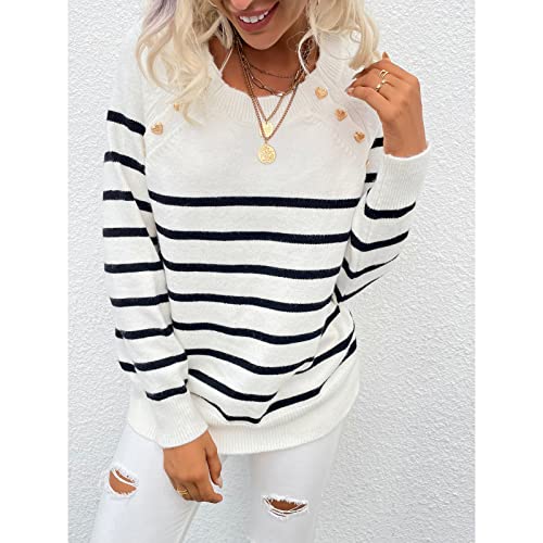 Women Knit Striped Sweater Pullover Round Neck Sweater Basic Long Sleeve Shirt Tops Sweatshirt Thin Knitted Vivid Colors Sweater(S-White) - #EVIMomStuff#