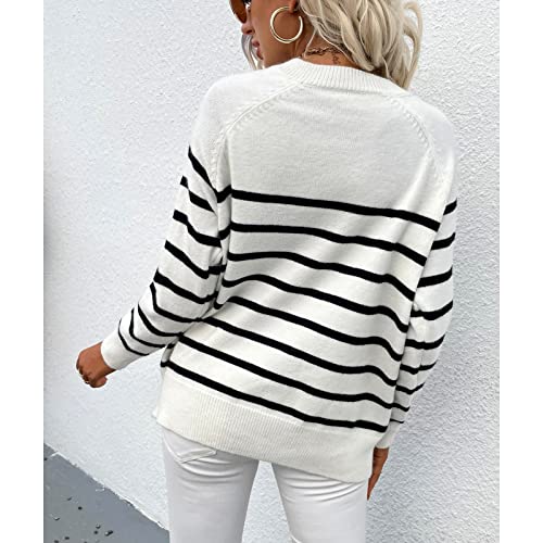 Women Knit Striped Sweater Pullover Round Neck Sweater Basic Long Sleeve Shirt Tops Sweatshirt Thin Knitted Vivid Colors Sweater(S-White) - #EVIMomStuff#