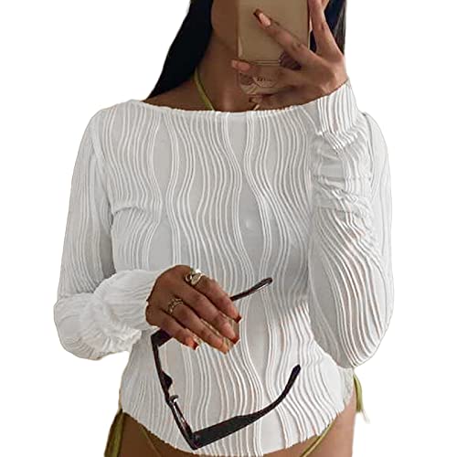 FeMereina Women's Y2K Long Sleeve Pleated Shirt Crew Neck Slim Fit Textured Crop Top Ribbed Pullover Blouse Tops Aesthetic Streetwear (White, Medium) - #EVIMomStuff#