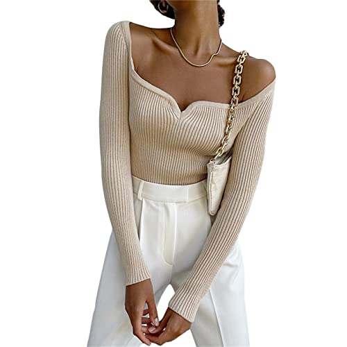 usmle Women Sexy Stretch Ribbed Knit Crop Tops Long Sleeve Sweetheart Neck Jumpers Slim Fit Pullover Sweater (Khaki, M) - #EVIMomStuff#