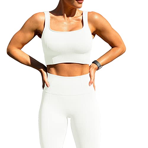 JN JANPRINT Workout Outfits for Women 2 Piece Set Ribbed Seamless Yoga Outfits Crop Top Leggings Exercise Sports Bra Tracksuits Set - #EVIMomStuff#