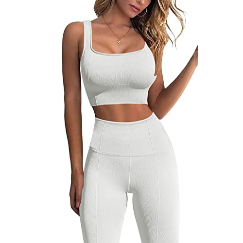 JN JANPRINT Workout Outfits for Women 2 Piece Set Ribbed Seamless Yoga Outfits Crop Top Leggings Exercise Sports Bra Tracksuits Set - #EVIMomStuff#