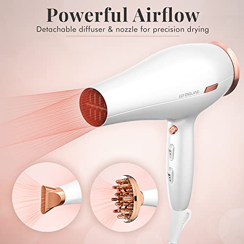 HairDryer with Diffuser Attachment, Hairdryer for Women -1800 Watt Blow Dryer with 2 Speed, 3 Heat Settings, Cool Shot Button - Great Mothers Day Gifts for Mum by Lily England, Rose Gold/UK Plug - #EVIMomStuff#