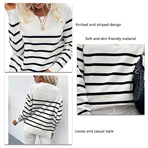 Women Knit Striped Sweater Pullover Round Neck Sweater Basic Long Sleeve Shirt Tops Sweatshirt Thin Knitted Vivid Colors Sweater(S-White) - #EVIMomStuff#