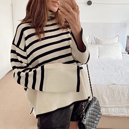 FeMereina Women's Long Sleeve Striped Sweater Turtleneck Casual Loose Side Split Ribbed Knit Pullover Jumper Tops (Black White, X-Large) - #EVIMomStuff#