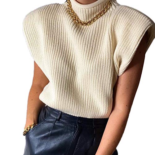 usmle Women 's Knit Sweater Vest Turtleneck Sleeveless Jumpers Tank Tops Shoulder Pads Fall Winter Knitwear Shirts Streetwear (Apricot, M)