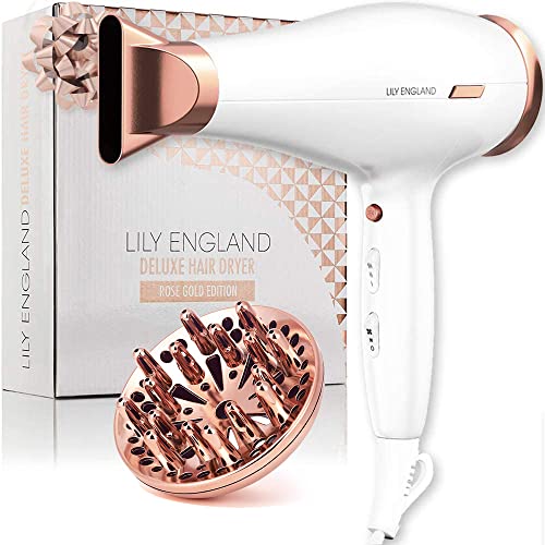 HairDryer with Diffuser Attachment, Hairdryer for Women -1800 Watt Blow Dryer with 2 Speed, 3 Heat Settings, Cool Shot Button - Great Mothers Day Gifts for Mum by Lily England, Rose Gold/UK Plug - #EVIMomStuff#