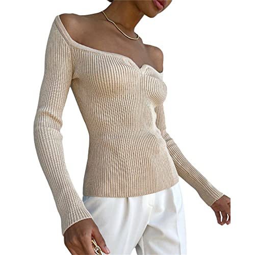 usmle Women Sexy Stretch Ribbed Knit Crop Tops Long Sleeve Sweetheart Neck Jumpers Slim Fit Pullover Sweater (Khaki, M) - #EVIMomStuff#